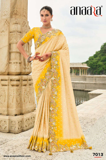 Off-white Yellow Shaded Gadwal Silk Saree with Magenta Silk Blouse and Exquisite Handwork, Embroidery - 7013